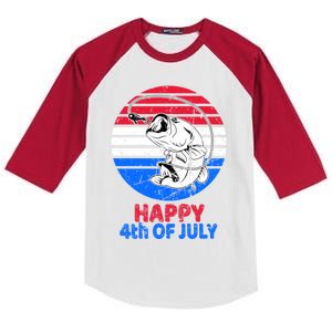 Fisher 4th Of July For Fishing Lover Retro July 4th Bass Gift Kids Colorblock Raglan Jersey