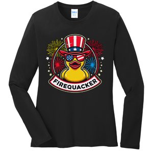 Firequacker 4th Of July Rubber Duck Ladies Long Sleeve Shirt