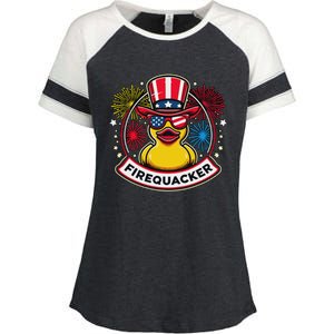 Firequacker 4th Of July Rubber Duck Enza Ladies Jersey Colorblock Tee