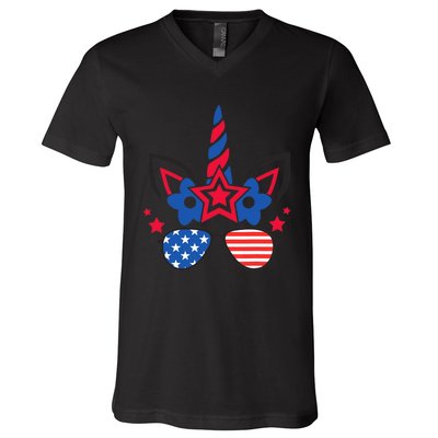 Funny 4th Of July Unicorn American Flag Patriotic Wo Girl V-Neck T-Shirt