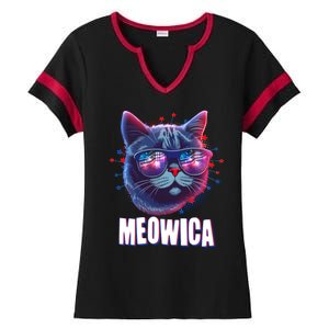 Funny 4th Of July Meowica Fireworks Cat Ladies Halftime Notch Neck Tee