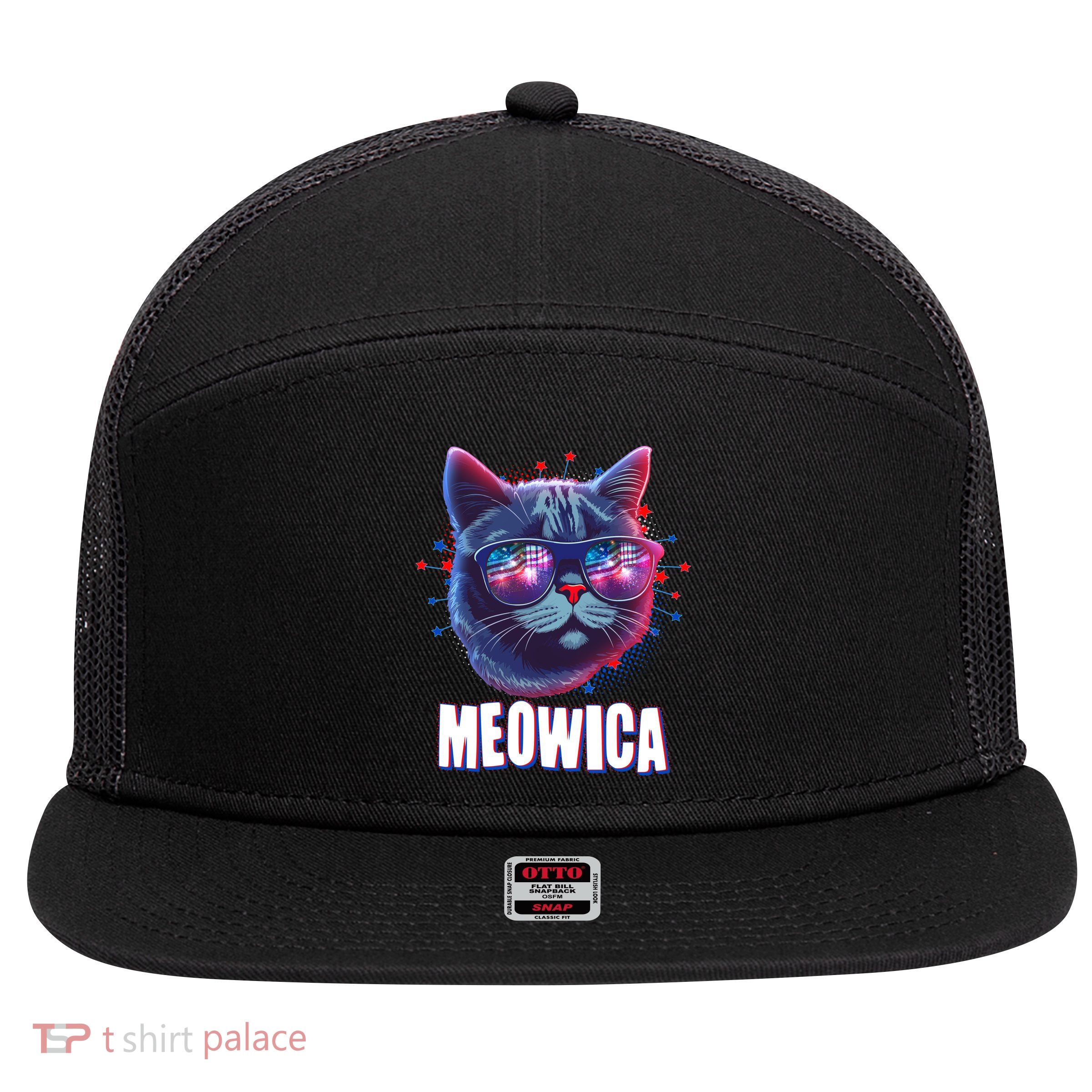Funny 4th Of July Meowica Fireworks Cat 7 Panel Mesh Trucker Snapback Hat