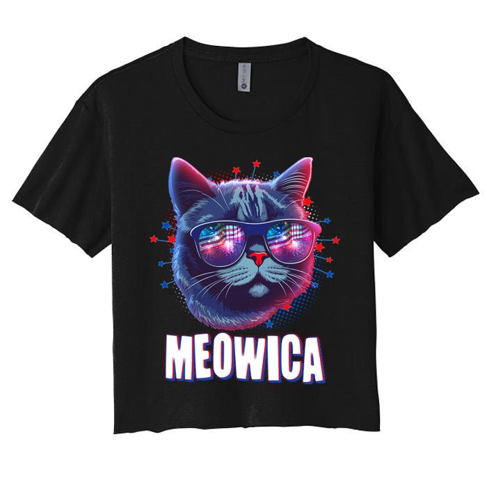 Funny 4th Of July Meowica Fireworks Cat Women's Crop Top Tee