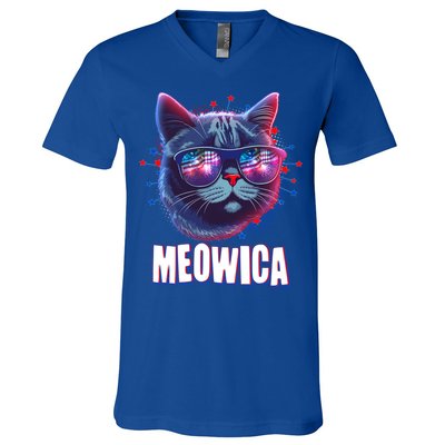 Funny 4th Of July Meowica Fireworks Cat V-Neck T-Shirt