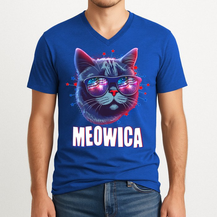 Funny 4th Of July Meowica Fireworks Cat V-Neck T-Shirt