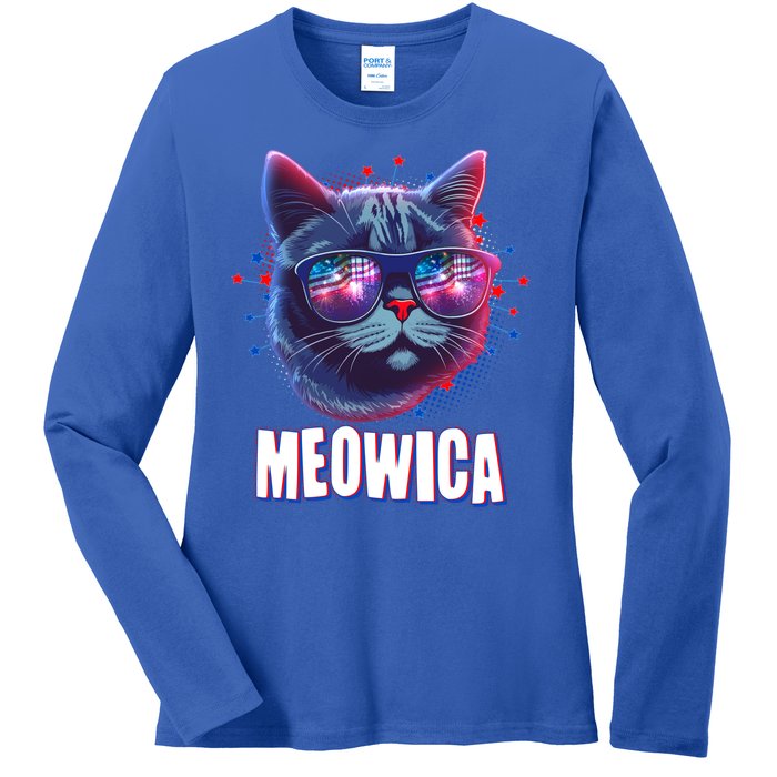 Funny 4th Of July Meowica Fireworks Cat Ladies Long Sleeve Shirt