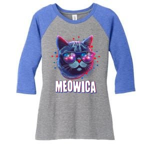 Funny 4th Of July Meowica Fireworks Cat Women's Tri-Blend 3/4-Sleeve Raglan Shirt