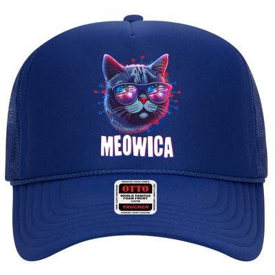 Funny 4th Of July Meowica Fireworks Cat High Crown Mesh Back Trucker Hat