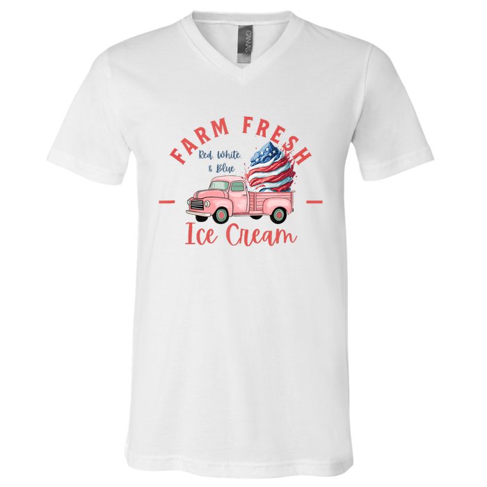 Fourth 4th Of July Matching Family Cute Farm Fresh Ice Cream V-Neck T-Shirt