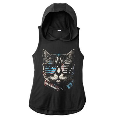 Fourth 4th of July Cat American Flag America Patriotic Funny Ladies PosiCharge Tri-Blend Wicking Draft Hoodie Tank