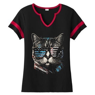 Fourth 4th of July Cat American Flag America Patriotic Funny Ladies Halftime Notch Neck Tee