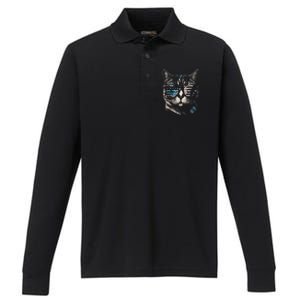 Fourth 4th of July Cat American Flag America Patriotic Funny Performance Long Sleeve Polo