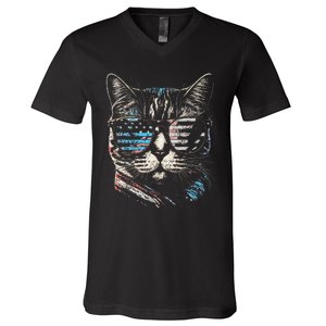 Fourth 4th of July Cat American Flag America Patriotic Funny V-Neck T-Shirt