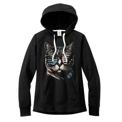 Fourth 4th of July Cat American Flag America Patriotic Funny Women's Fleece Hoodie