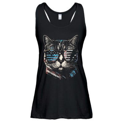 Fourth 4th of July Cat American Flag America Patriotic Funny Ladies Essential Flowy Tank