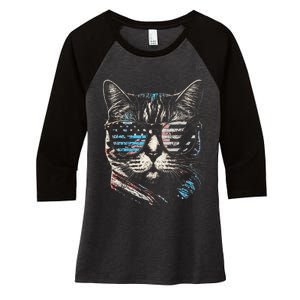 Fourth 4th of July Cat American Flag America Patriotic Funny Women's Tri-Blend 3/4-Sleeve Raglan Shirt