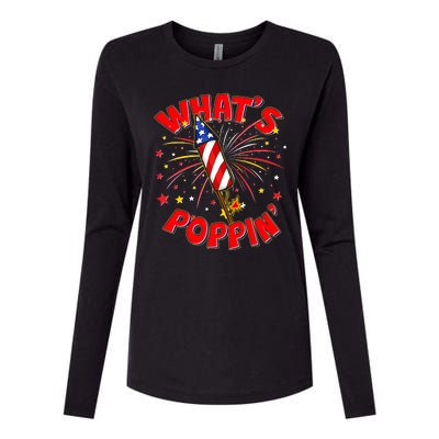 Funny 4th Of July What's Poppin Fireworks Rocket Womens Cotton Relaxed Long Sleeve T-Shirt