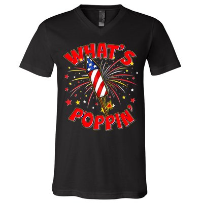 Funny 4th Of July What's Poppin Fireworks Rocket V-Neck T-Shirt