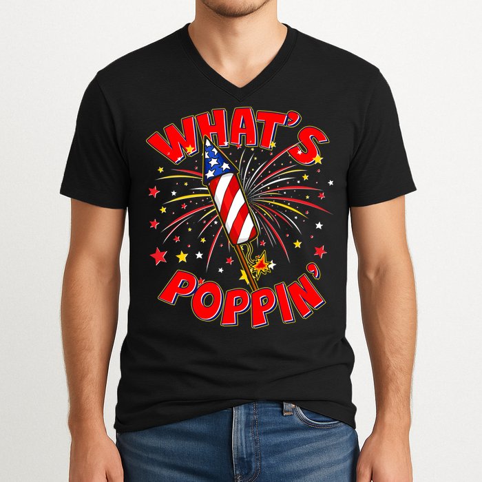 Funny 4th Of July What's Poppin Fireworks Rocket V-Neck T-Shirt