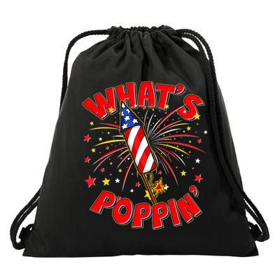 Funny 4th Of July What's Poppin Fireworks Rocket Drawstring Bag