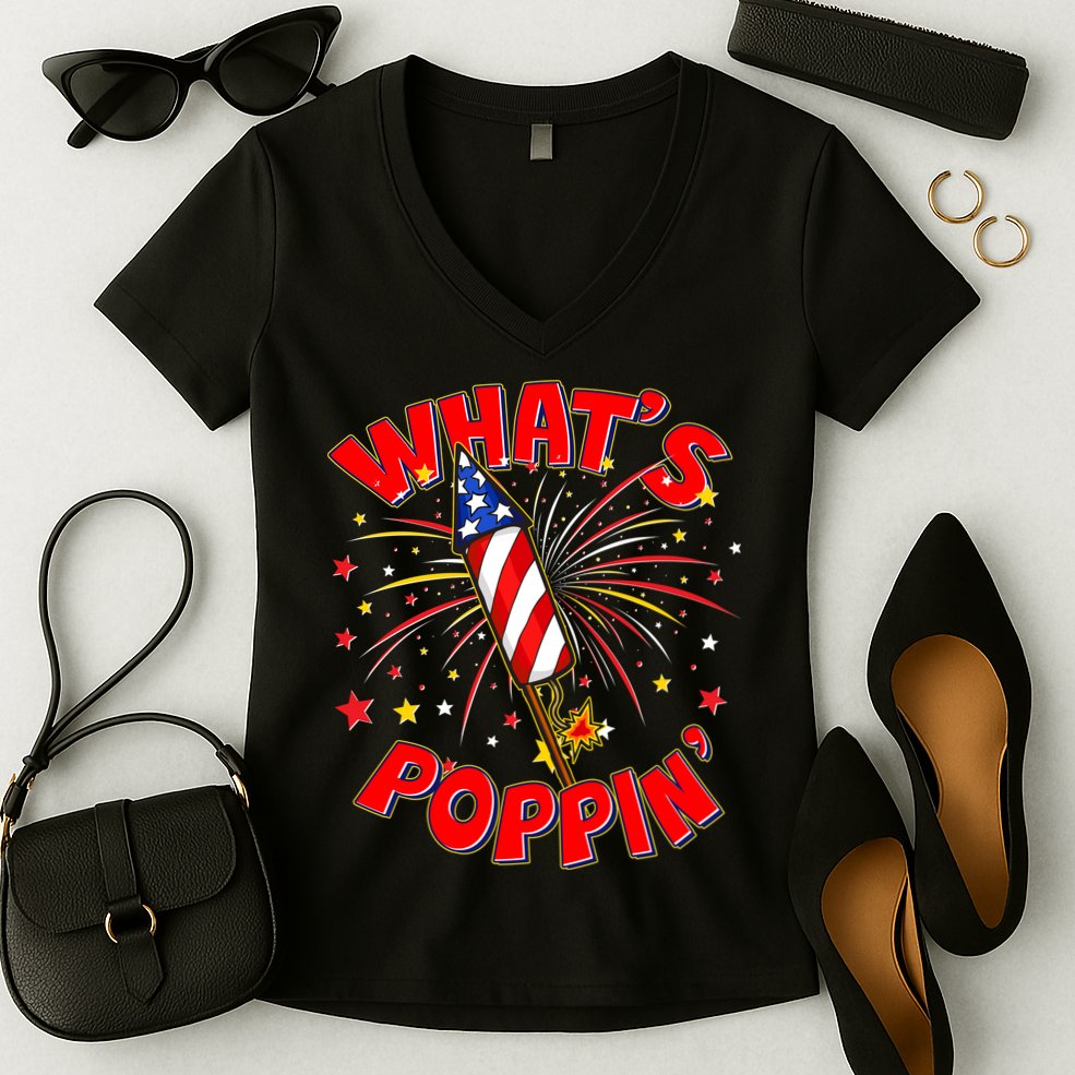 Funny 4th Of July What's Poppin Fireworks Rocket Women's V-Neck T-Shirt