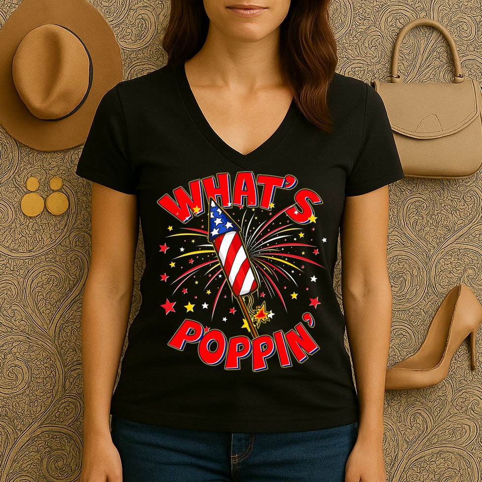 Funny 4th Of July What's Poppin Fireworks Rocket Women's V-Neck T-Shirt