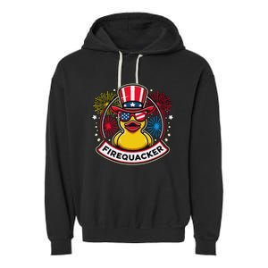 Firequacker 4th Of July Rubber Duck Usa Flag Garment-Dyed Fleece Hoodie