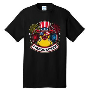 Firequacker 4th Of July Rubber Duck Usa Flag Tall T-Shirt