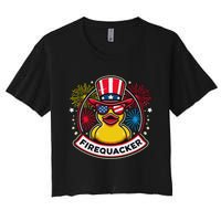 Firequacker 4th Of July Rubber Duck Usa Flag Women's Crop Top Tee