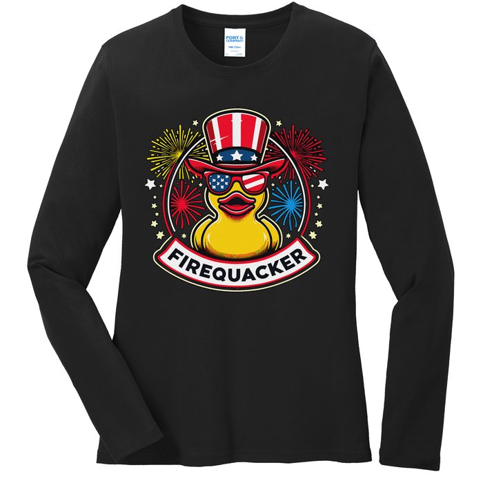 Firequacker 4th Of July Rubber Duck Usa Flag Ladies Long Sleeve Shirt