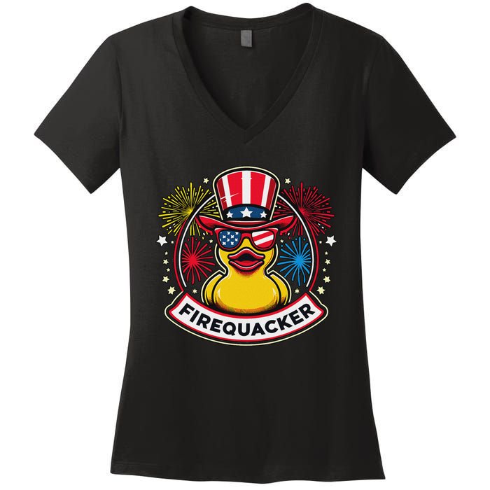 Firequacker 4th Of July Rubber Duck Usa Flag Women's V-Neck T-Shirt