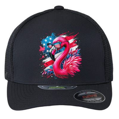 Flamingo 4th Of July American Flag Patriotic Flexfit Unipanel Trucker Cap