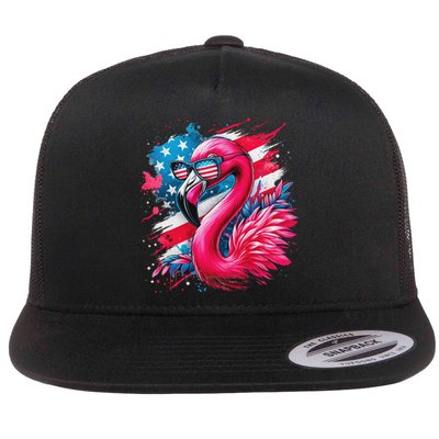 Flamingo 4th Of July American Flag Patriotic Flat Bill Trucker Hat