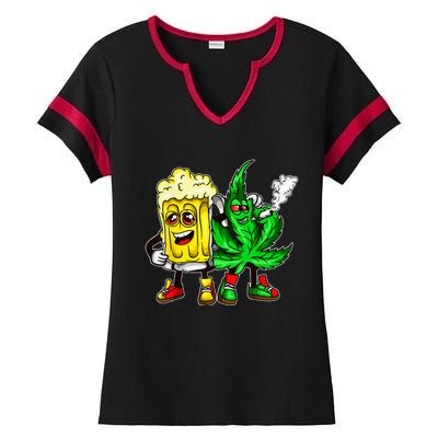 Funny 420 Pot Leaf Marijuana Bong Beer Drunk Weed Cannabis Ladies Halftime Notch Neck Tee