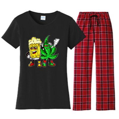 Funny 420 Pot Leaf Marijuana Bong Beer Drunk Weed Cannabis Women's Flannel Pajama Set