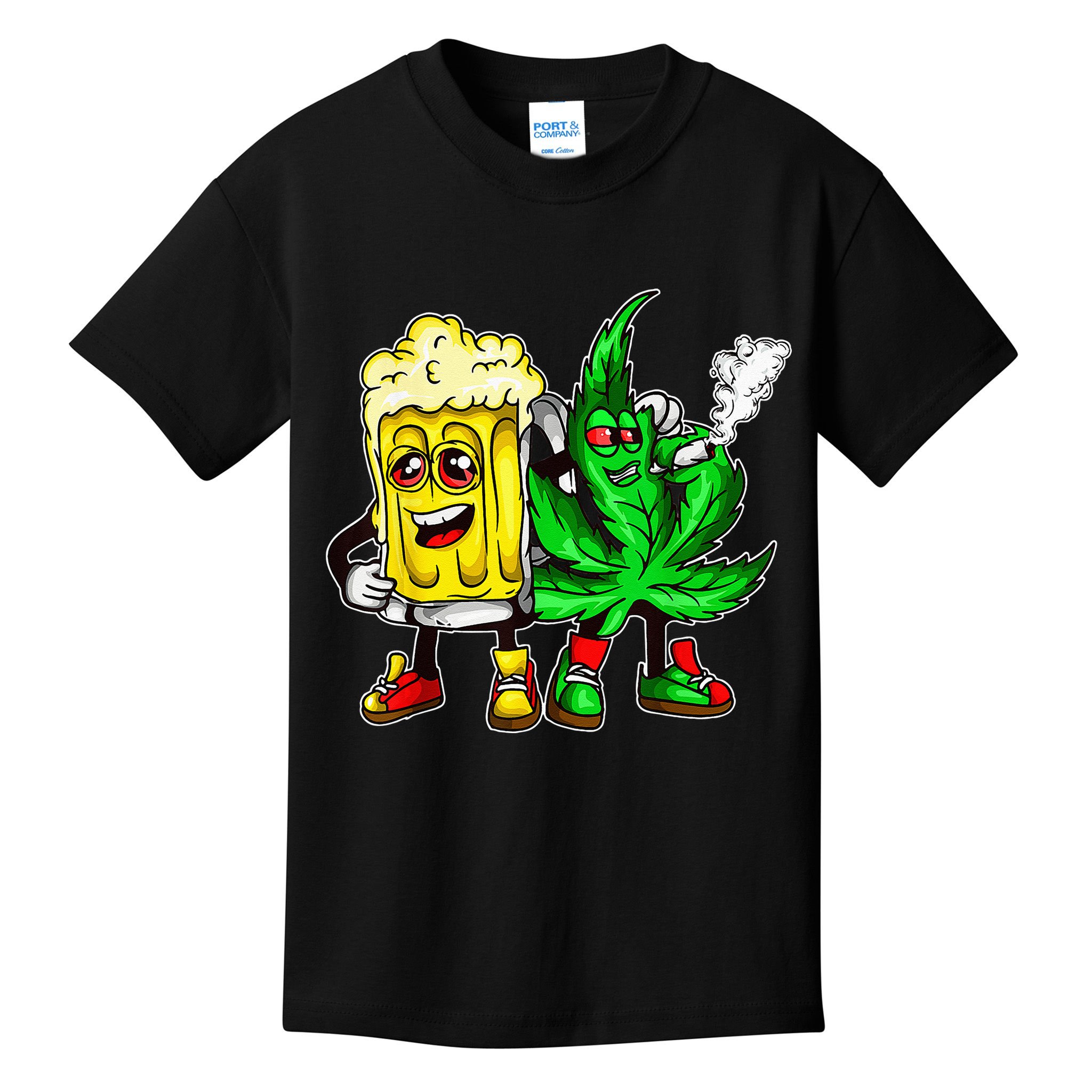 Funny 420 Pot Leaf Marijuana Bong Beer Drunk Weed Cannabis Kids T-Shirt