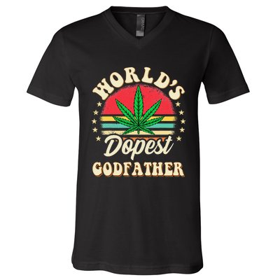 Funny 420 Pot Vintage Matching Worlds Dopest Godfather V-Neck T-Shirt