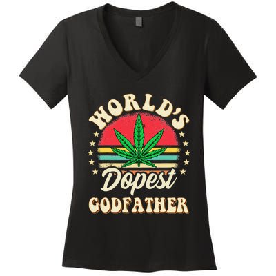 Funny 420 Pot Vintage Matching Worlds Dopest Godfather Women's V-Neck T-Shirt