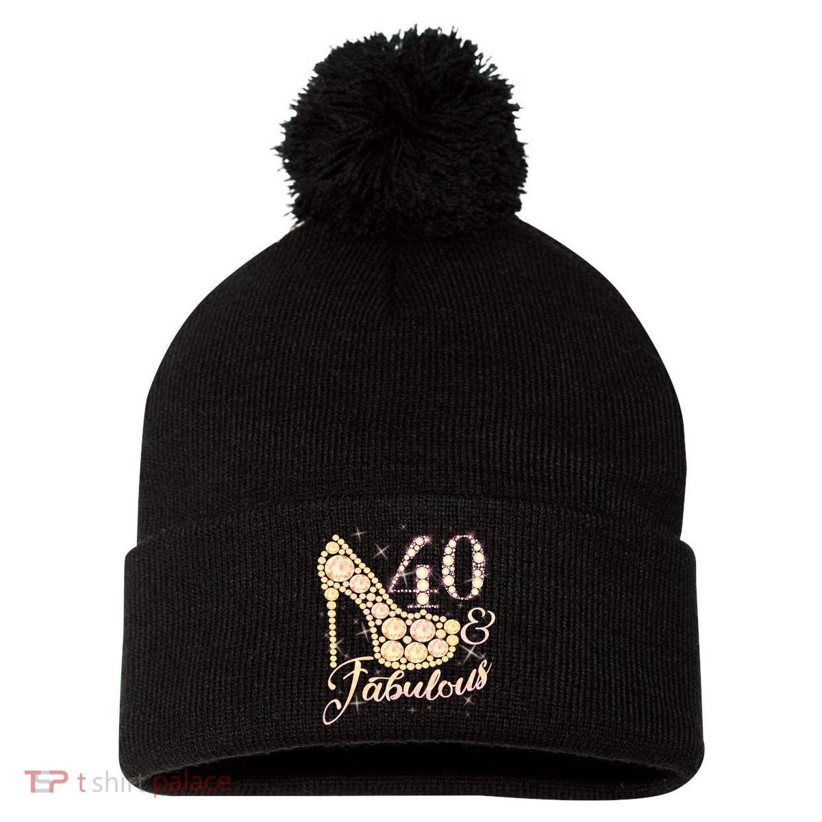 Fabulous & 40 Sparkly Heel 40th Birthday Pom Pom 12in Knit Beanie