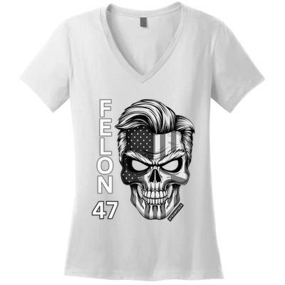 Felon 47 Trump 2024 Skull Convicted 34 Landslide Women's V-Neck T-Shirt