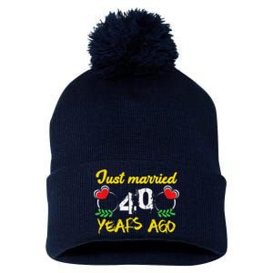 Funny 40th Wedding Anniversary Just Married 40 Years Ago Pom Pom 12in Knit Beanie