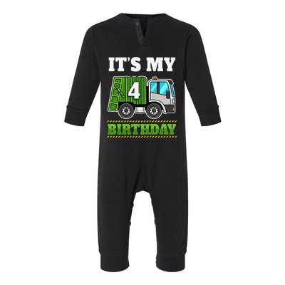 Funny 4 Years Old Garbage Truck 4th Birthday Party Infant Fleece One Piece