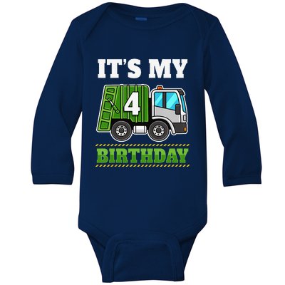 Funny 4 Years Old Garbage Truck 4th Birthday Party Baby Long Sleeve Bodysuit