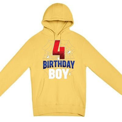 Four 4 Year Old 4th Birthday Boy Spider Web 4yr Party Premium Pullover Hoodie