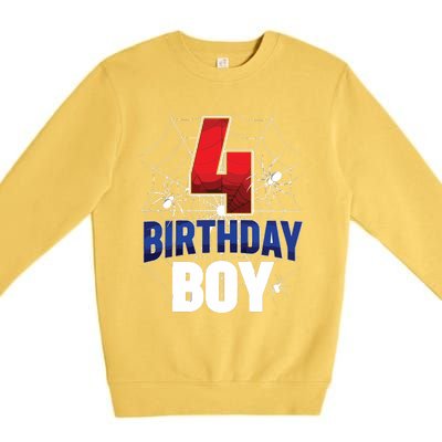 Four 4 Year Old 4th Birthday Boy Spider Web 4yr Party Premium Crewneck Sweatshirt