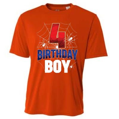 Four 4 Year Old 4th Birthday Boy Spider Web 4yr Party Cooling Performance Crew T-Shirt