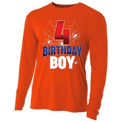 Four 4 Year Old 4th Birthday Boy Spider Web 4yr Party Cooling Performance Long Sleeve Crew