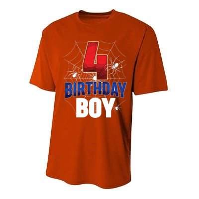 Four 4 Year Old 4th Birthday Boy Spider Web 4yr Party Performance Sprint T-Shirt