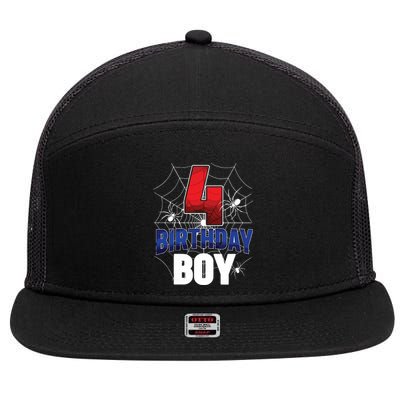 Four 4 Year Old 4th Birthday Boy Spider Web 4yr Party 7 Panel Mesh Trucker Snapback Hat