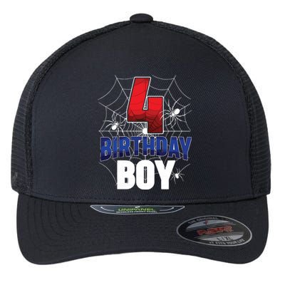 Four 4 Year Old 4th Birthday Boy Spider Web 4yr Party Flexfit Unipanel Trucker Cap